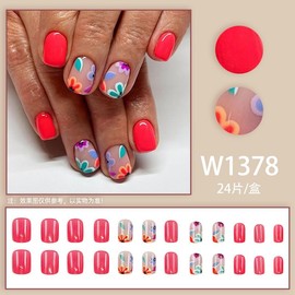 Press on Nails Simple Cute Short Square French Tip Red Flowers Design Fake Nails Full Cover Glossy Acrylic Glue on Nails Short Stick on Nails False Nails for Women 24Pcs W1378