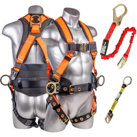 Palmer Safety Hammerhead Safety Harness, Padded Back Support, QCB, Grommet Legs, 6' Safety Lanyard with Rebar Hooks, OSHA ANSI Industrial Roofing Tool Equipment (Hi Vis Orange - MD)