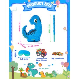 Blue Dinosaur Piñata for Boys,Piñata de Dinosaurio para niños with 12pcs Paper Glasses, Wood Stick, Confetti, and Blindfold,Dino Piñata for Birthday Party Decorations（16"*12.6"*3.5"）