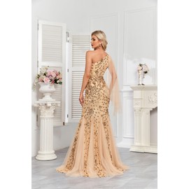 One Shoulder Glitter Mermaid Dress for Mother of The Bride Women's Sexy Sequin Formal Gown Champagne XXL