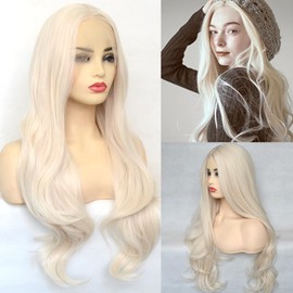BLUPLE Platinum Blonde 60# Lace Front Wig Long Natural Wavy Heat Resistant Synthetic Hair Replacement Full Wigs Middle Part for Women 22 Inch