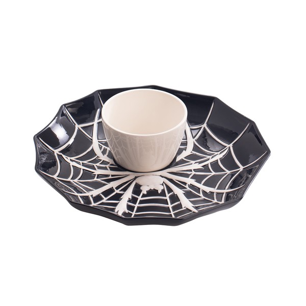 Bico Halloween Spider Web 14.8 inch Black Ceramic Chip and Dip Set, Plate With Sauce Bowl, for snacks, nachos, candy, treats, buffalo wings, Microwave and Dishwasher Safe