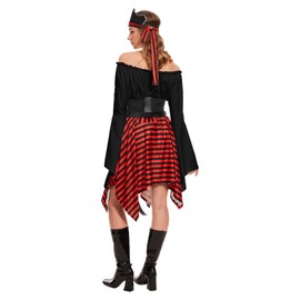 DARFULA 9 Pcs Womens Pirate Costume Renaissance Shirt Dress with Head Scarf Waist Belt Medieval Costume Accessory Sets (Black, Large)