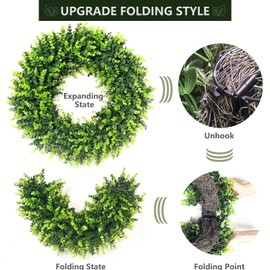 Davimono 18-inch Boxwood Wreath Artificial Spring Summer Wreath, Foldable Faux Boxwood Wreaths for Front Door Farmhouse Wedding Indoor Outdoor(with Bow)
