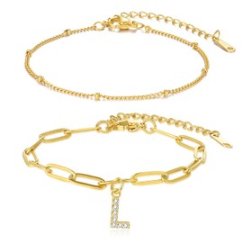 Candyfancy Dainty Gold Initial Bracelet Set - Layered Bracelets for Women, Delicate 2-Piece Set with Beaded and Letter Bracelet - Perfect for Stacking and Everyday Wear