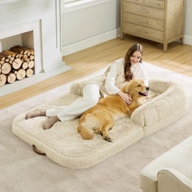 Bedsure Foldable Human Dog Bed for People Adults, 2 in 1 Calming Human Size Giant Dog Bed Fits Pet Families with Egg Foam Supportive Mat and Waterproof Liner, Faux Fur Orthopedic Dog Sofa, Cream