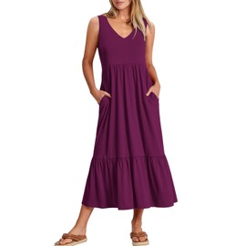 ANRABESS Womens Summer Maxi Dresses Fit & Flare Flowy V Neck Sleeveless Swing Casual Tiered Beach Sundress with Pockets Dark Purple Large