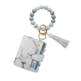 Wristlet Keychain-Beaded Bracelet-Cute keyrings for women-Tassel Pendant-Wallet-Cardholder—PU Leather Key Chain Accessories-Car Key Ring-Gift Idea for her (Marble)