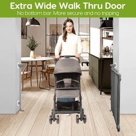 No Drill Baby Gate for Stairs No Bottom Bar, 34-55” Walk Through Baby Gate with Large Walk Thru Door, Expandable Dog Gate Indoor Punch Free Pet Gate for Doorways Mesh Child Gate, Gray