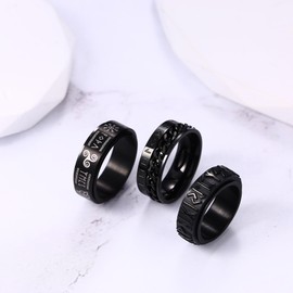 Flongo Set of 3 Rune Rings Fidget Ring 8 mm Stainless Steel Rotating Spinning Band Ring Anti Anxiety Rings with Cuban Chain Punk Viking Fidget Ring for Women Men Finger Ring for Birthday Black,