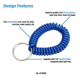 Lucky Line Wrist Coil with Split Key Ring, Blue, Pack of 5 (4103505)