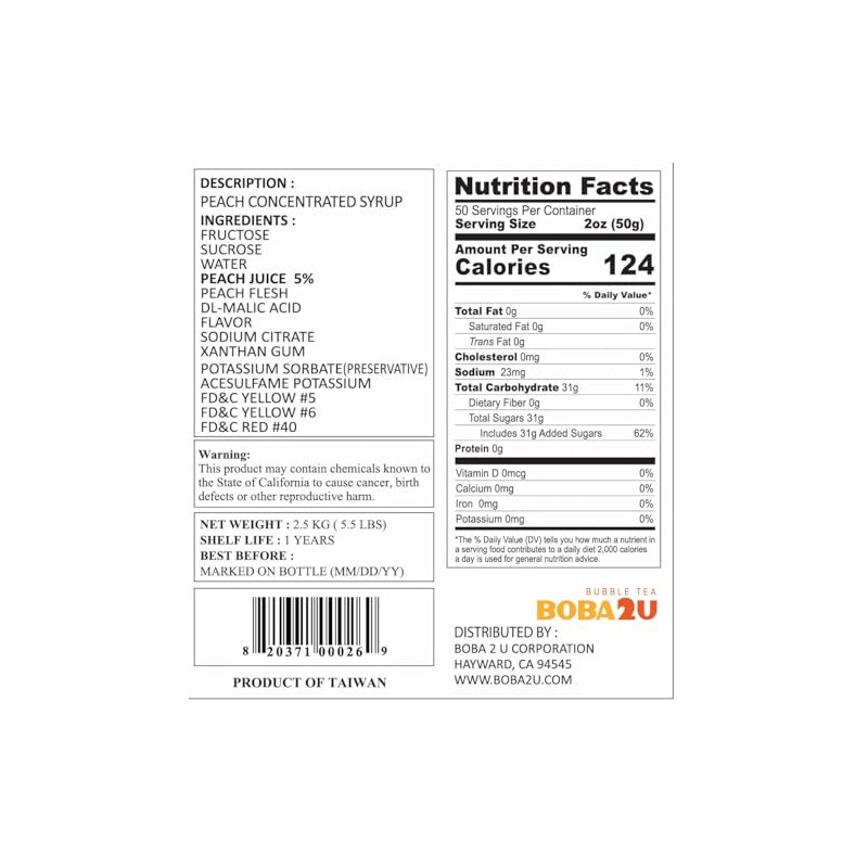 BOBA2U CONCENTRATED SYRUP 5.5 LBS (Peach)