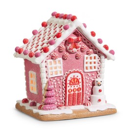 RAZ Imports Lighted Gingerbread House, 8.5-inch Height, Pink, Clay Dough, Christmas, Home Décor