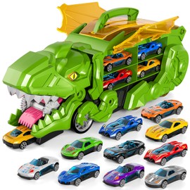 Ci Vetch Toddler Car Toy for 3 4 5 6 Year Old Boys, Toy Cars Dinosaur Transporter Truck with 10 Die-Cast Car Toy, Transforms into Dino, Toddler Car Toy, Green