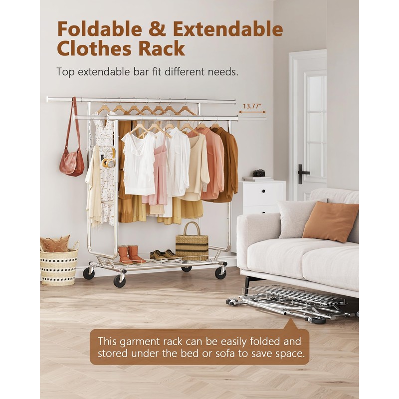 Hoctieon 2-Minute Assembly Double Rod Clothes Rack, Heavy Duty Rolling