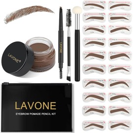 LAVONE Kit De Plantillas Para Cejas, Trío De Plantillas Con Lápiz Impermeable, Pomada, 20 Plantillas, Pincel Doble Y Aplicador De Esponja - Morena