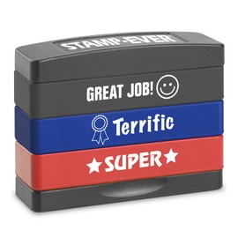 Stakz Pre-Inked Teacher Message Stamp – Great Job, Terrific, Super -Red, Blue and Black Ink – Impression Size: 5/8” x 1-13/16”