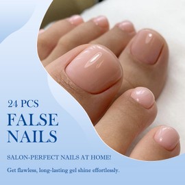 Pink-Nude False Toenails with Glue, Natural Fake Toe Nails, Stick on Toenails Short Square, 24Pcs Glossy Acrylic Toe Nail Tips for Women