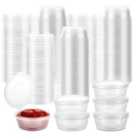 LOYORTY 200PCS Plastic Condiment Souffle Containers with Attached Lids, 2 oz Small Sauce Containers with Hinged Lids, Plastic Sauce Cups Portion Cups for Sauces, Samples, Slime, Jello Shot