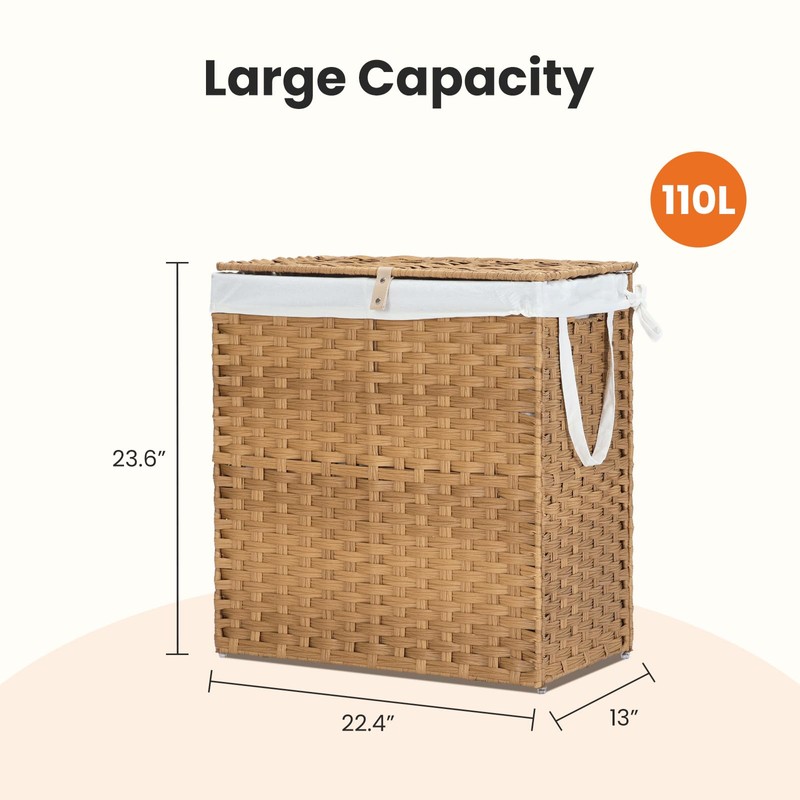 110L Laundry Hamper with Lid, Hand-Woven Pp Rattan Laundry Basket