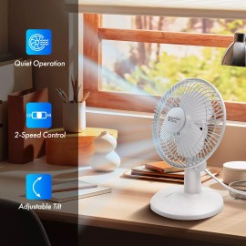 Comfort Zone 6 Inch Desk Fan White 2 Speed Quiet Adjustable Tilt Compact Design