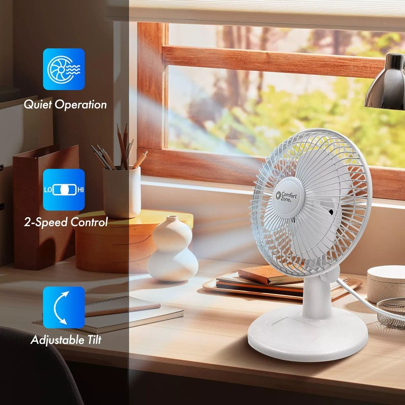 Comfort Zone 6 Inch Desk Fan White 2 Speed Quiet