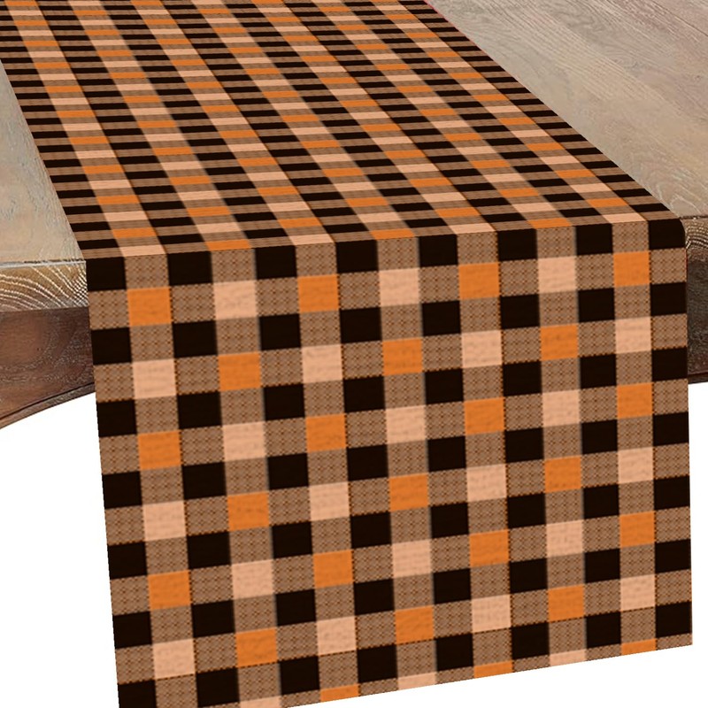 Linen Fall Plaid Table Runner, Thanksgiving Orange and Black Checkered