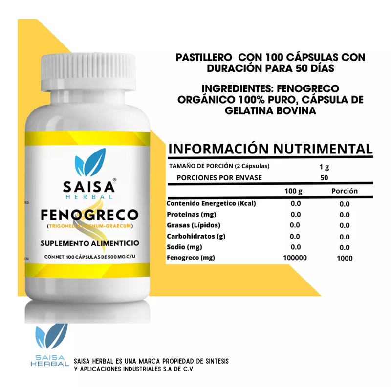Saisa Herbal Fenogreco 100% Puro Bolsa Con 100 Cápsulas. Sabor