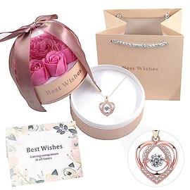 Cúpula de Acrílico con Rosa Eterna con collar encantada para Siempre Diseño de La Bella y la Bestia con 9 Rosas Flores de Regalos para Mamá,Romántico Regalo para Mujer, San Valentín, Navidad (Rosado)