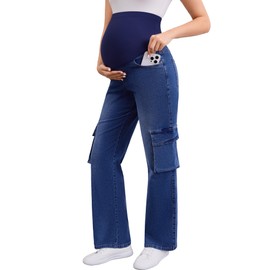 PACBREEZE Women's Maternity Jeans Cargo Straight Leg Relaxed Jeans Over Belly Comfy Denim Pregnancy Pants, S-XXL (Dark Blue, Large)