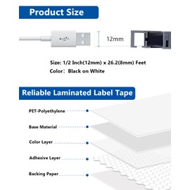 Labelwell Value Pack TZe TZ Tape 12mm 0.47" Laminated Black on White Compatible for Ptouch Tape 1/2 Inch Refills for P Touch PT-H110 D210 D220 D400 D600 Label Maker, 30-Pack