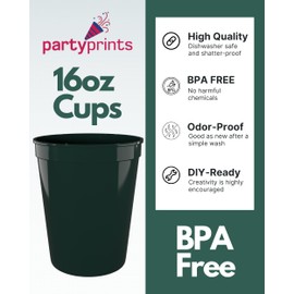 PartyPrints 100 Pack 16 oz Dark Green Reusable Blank Plastic Cups, Stadium Cups Bulk – BPA Free Dishwasher Safe Party Cups, Colored Cups Perfect for Party, Wedding, Birthday Graduation, Clubs