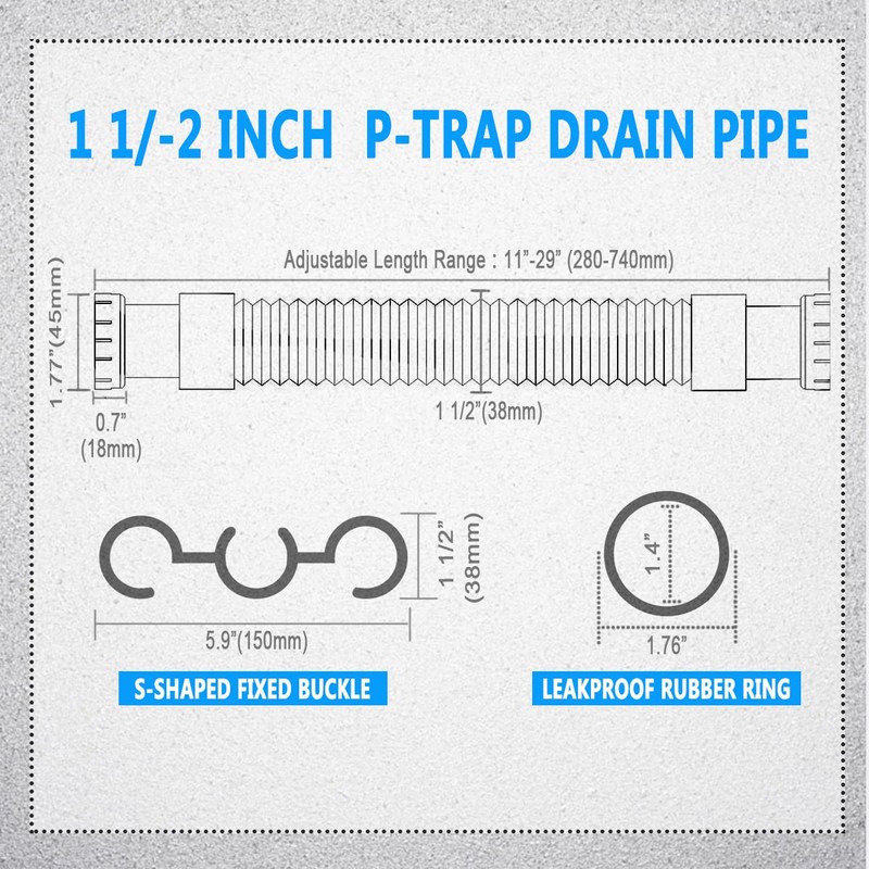 Cinsda Flexible Sink Drain Pipe, 1-1/2 P-trap with Adapter, Expandable
