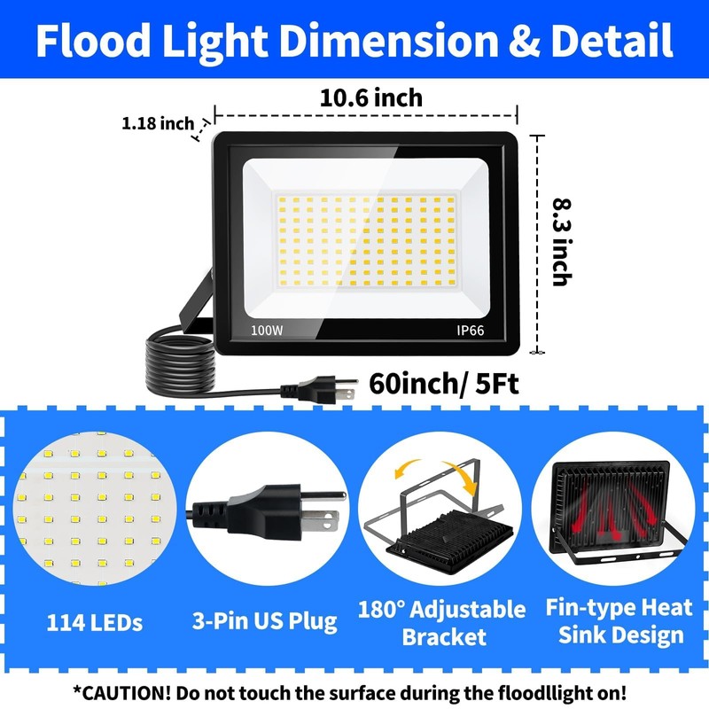 JNGMAIR 100W LED Outdoor Flood Light Plug in, 12000LM 5000K