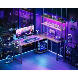 AODK L Shaped Desk Gaming Desk with LED Light & Power Outlet, 53 Inch Reversible L Shaped Computer Table with Shelf & Storage Bag & Hook for Home Office, Grey Oak