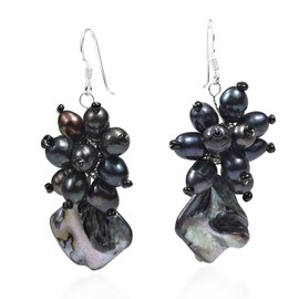 Black Mother of Pearl & Cultured Freshwater Black Pearl Flower .925 Sterling Silver Dangle Earrings
