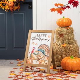 Glitzhome Thanksgiving A-Frame Free Standing Easel Sign, Decorative Slide in Turkey Pumpkin Welcome Sign for Autumn, Rustic Happy Thanksgiving Fall Harvest Hanging Decor for Wall Front Door, 24”H