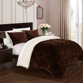 Chic Home CS5116-AN 3Piece Josepha Pinch Pleated Ruffled & Pin Tuck Sherpa Lined Bed in A Bag Comforter Set Brown, King