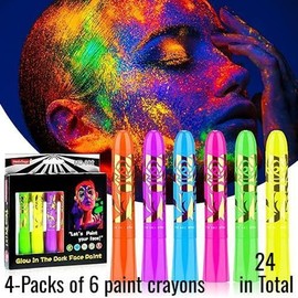 MeiduGaga 24 Glow in the Dark Face Paint Crayons Kit Neon UV Black Light Makeup