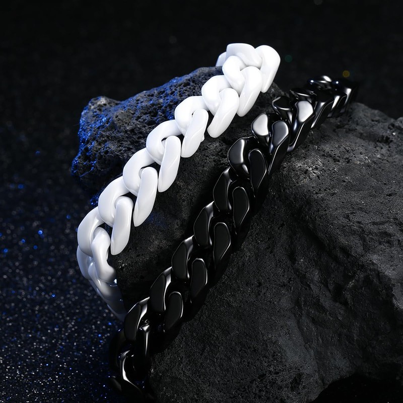 Pinannie White 12mm Wide Ceramic Cuban Link Bracelet for Men