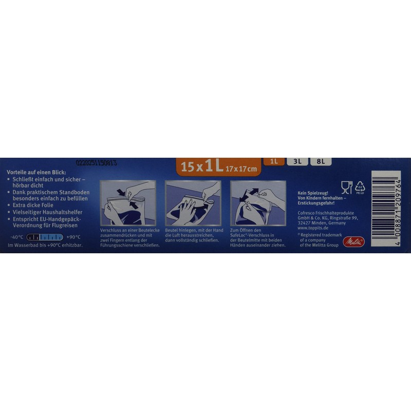 Toppits Doppelverschluss Gefrierbeutel, SafeLoc Verschluss, 1 Liter, Standboden, 15 Stück,