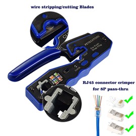PETECHTOOL RJ45 Crimp Tool All-in-one Crimping tool Ethernet Wire Crimper Stripper Cutter for Cat5e Cat6 Cat6a Pass Through Connectors with 50pcs Cat6 Connectors and 1Pc cable tester and stripper