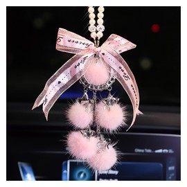 ZIMISI Bling Star Car Rear View Mirror Charm, Lucky Rhinestone Vehicle Ornament, Cute Plush Ball Pearl Auto Hanging Pendant, Automotive Interior Decoration Accessories for Girls, Women (Pink)