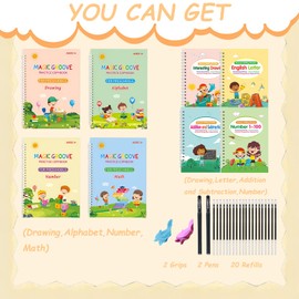 Grooved Handwriting Practice for Kids, Magic Grooved Writing Practice with 4 Large and 4 Small Workbooks, Reusable Grooved Handwriting Workbooks for Kids Ages 3-8, Magic Copybook