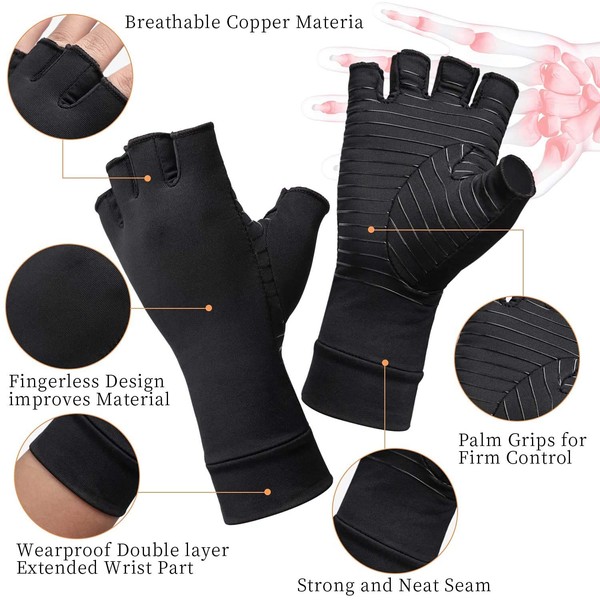 Copper Fiber Compression Arthritis Gloves, 1 Pair Breathable Fingerless Gloves High Copper Infused Compression Gloves, Pain Relief for Carpal Tunnel, Computer Typing, Tendonitis & Osteoarthritis (M)