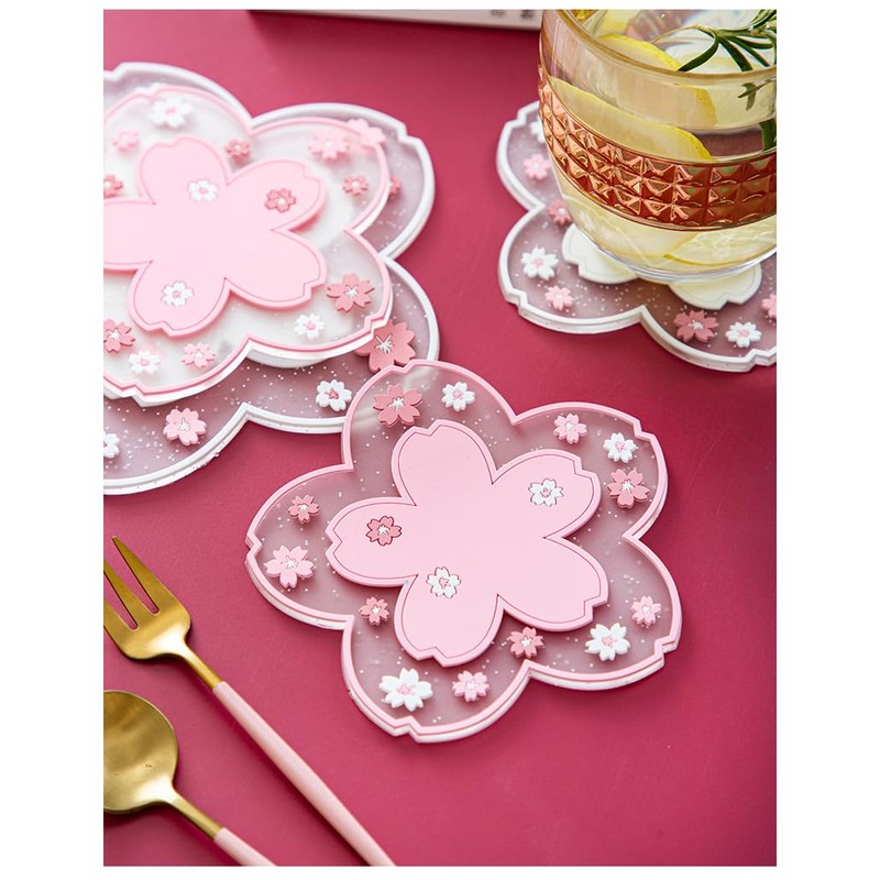 DWUENT Coaster Set 4PCs Cup Coasters Sakura Design PVC Drink