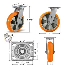 NINOSO 8" Heavy Duty Casters, Industrial Swivel Caster Wheels, Crowned Tread Aluminum Core Thickened Polyurethane Casters Set of 4 with Load 6000lbs Capacity, Wheels for Cart Toolbox (4 Swivel)