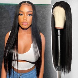 SOMIARIK 13x6 Lace Front Straight Synthetic Wigs for Women Natural Black Straight Lace Front Synthetic Wig Pre Plucked With Baby Hair Party Daily Wear Heat Resistant 26 Inch