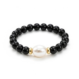 Hoijyun Black Onyx & Pearl Stretch Ring - Protective Gemstone Beaded Jewelry with Silver Spacers, Adjustable Stackable Ring for Women