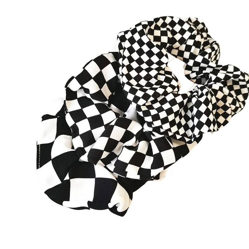Checkered Plaid Hair Scrunchies Black White Checkerboard BW17 (Black White